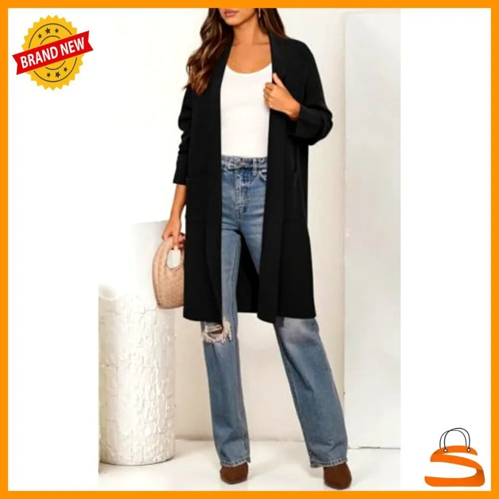 Oversized Long Sleeve Cardigan Chunky Knit Open Front Lapel Collar Trendy - Picture 2 of 7